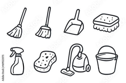 Cleaning tools linear icon set. featuring broom, mop, dustpan, scrubber, spray bottle, sponge, vacuum, and bucket.