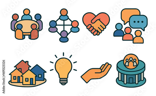 Community engagement flat icon set. featuring meeting, network, partnership, discussion, neighborhood, innovation, support, and governance symbols.