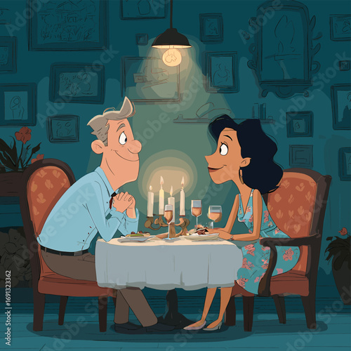 A romantic dinner scene with a couple at a table, illuminated by candlelight, creating a warm, intimate atmosphere.