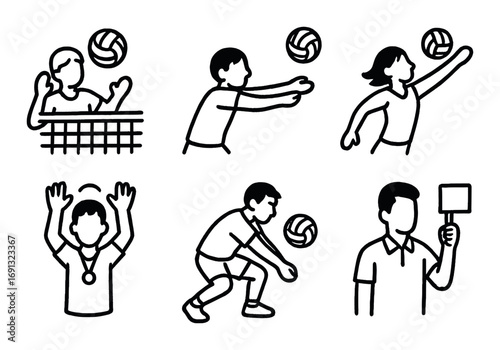 Volleyball linear icon set. featuring blocker, setter, attacker, coach, referee, and libero symbols.