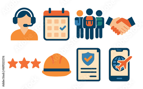 Business services flat icon set. featuring support, calendar, team, handshake, rating, helmet, document, travel.