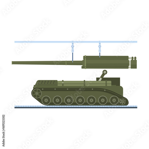 Conceptual blueprint of a military tank assembly line for an armored vehicle