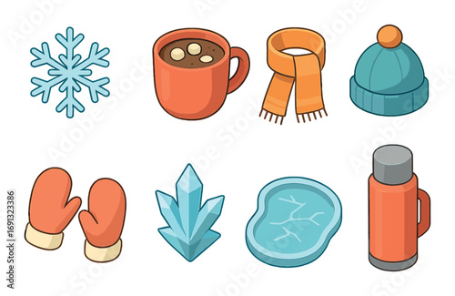 Winter linear icons set. featuring snowflake, hot chocolate, scarf, beanie, mittens, crystal, frozen pond, and thermos.