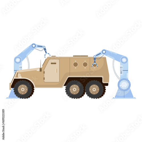 Automated Manufacturing Process of a Six-Wheeled Armored Car with Robotic Arms