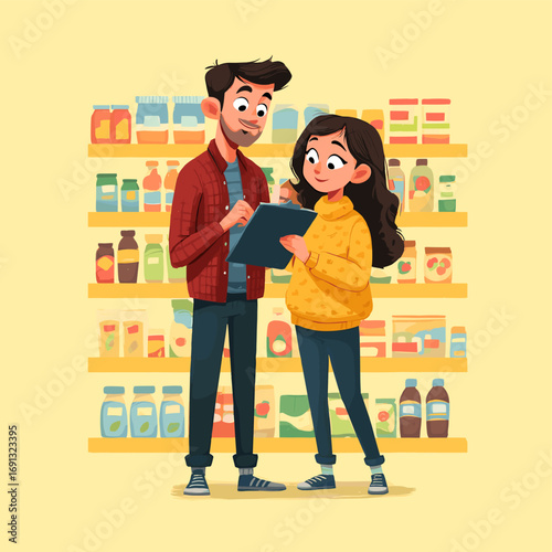 A couple reviewing a grocery list in a supermarket, filled with shelves of products, highlighting consumerism and retail activity. 