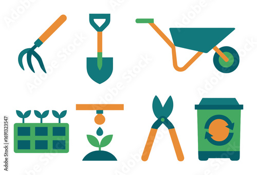 Gardening tools flat icon set. featuring rake, shovel, wheelbarrow, seedling, pruning shears, recycling bin.