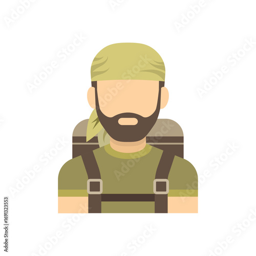 Adventurous backpacker icon with a beard and bandana ready for outdoor excursions