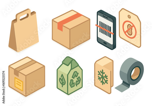 Shipping and packaging linear icon set. featuring bag, box, barcode, no food, fragile, recycle, tape symbols.