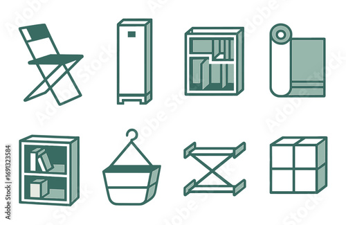 Home furniture linear icons set. featuring chair, locker, bookshelf, wardrobe, mat, rack, hanger, and cube.