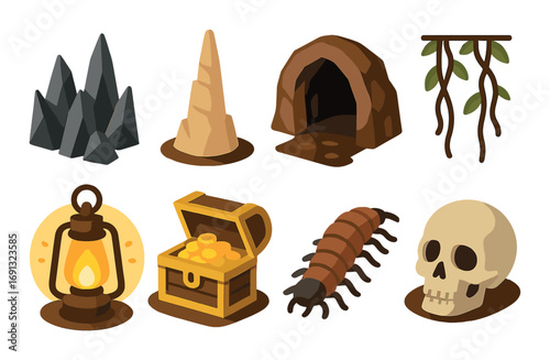 Adventure elements flat icon set. featuring crystals, stalagmite, cave, vines, lantern, treasure, centipede, skull.