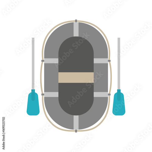 Flat design illustration of a grey inflatable boat with oars, symbolizing outdoor water fun and adventure