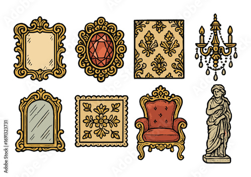 Vintage decor flat icons set. featuring mirror, gem, wallpaper, chandelier, statue, and armchair.
