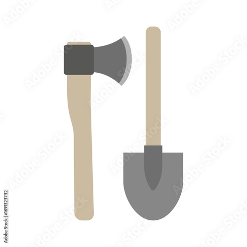 Tools for manual labor axe and shovel, set of garden and construction equipment