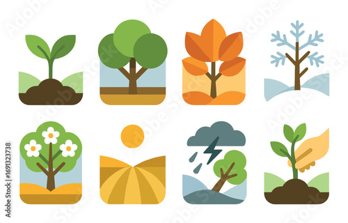 Climate and nature silhouette icon set. featuring growth, tree, leaf, snowflake, fruit tree, sun, storm, plant cycle.