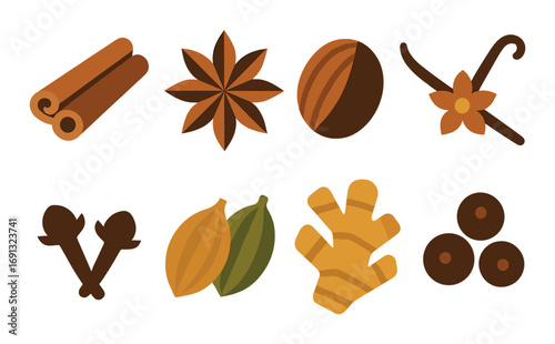 Spices flat icon set. featuring cinnamon, star anise, nutmeg, vanilla, cloves, cacao, ginger, and allspice.