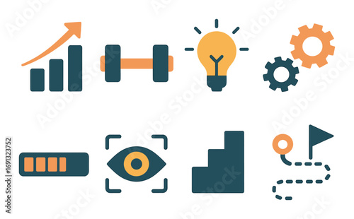 Business growth silhouette icon set. featuring bar chart, dumbbell, lightbulb, gears, progress bar, visibility, stairs, path.