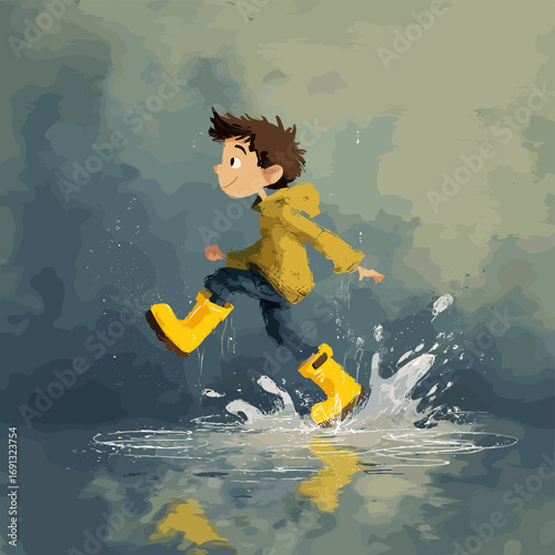 A young boy joyfully splashes in puddle wearing rain boots. A delightful moment filled with fun and carefree play