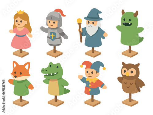 Fantasy creature silhouette icon set. featuring princess, knight, wizard, dragon, fox, crocodile, jester, owl..