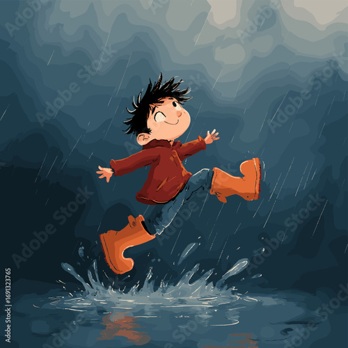 A joyful child leaping in a puddle while enjoying a rainy day. The child is wearing orange boots and a red jacket