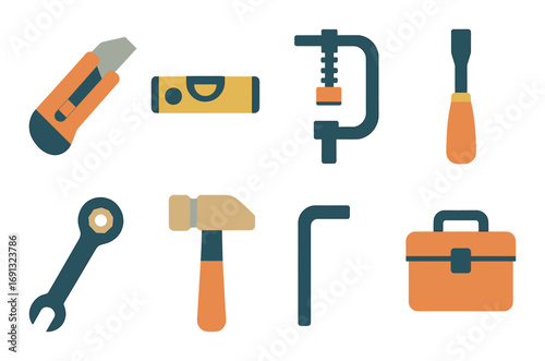 Tools flat icon set. featuring pencil, level, clamp, screwdriver, wrench, hammer, hex key, and toolbox.