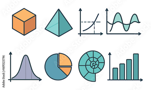 Mathematics linear icon set. featuring cube, pyramid, graphs, bell curve, pie chart, spiral, and bars.