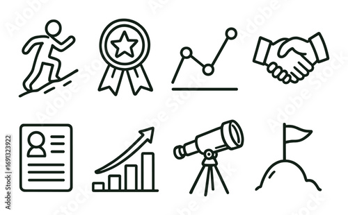 Business and growth linear icon set. featuring running, award, chart, handshake, resume, growth, telescope, and goal symbols.