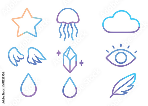 Glow aesthetic linear icon set. featuring star, jellyfish, cloud, wings, crystal, eye, raindrop, and feather symbols.
