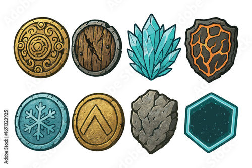 Fantasy elements flat icon set. featuring gold, wood, crystal, lava, ice, earth, stone, hexagon symbols.