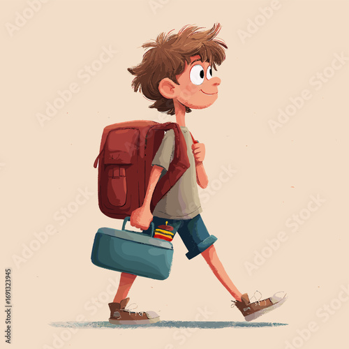 An illustrated boy carrying a backpack and a small bag walking to somewhere happily