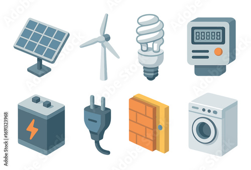 Eco energy isometric icon set. featuring solar panel, wind turbine, led bulb, meter, battery, plug, home, washer.