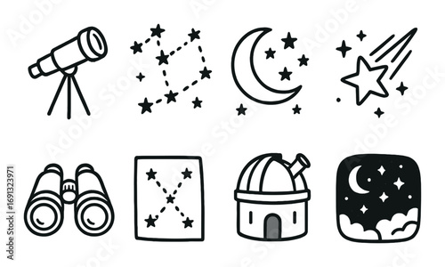 Astronomy linear icon set. featuring telescope, constellation, crescent moon, shooting star, binoculars, observatory.