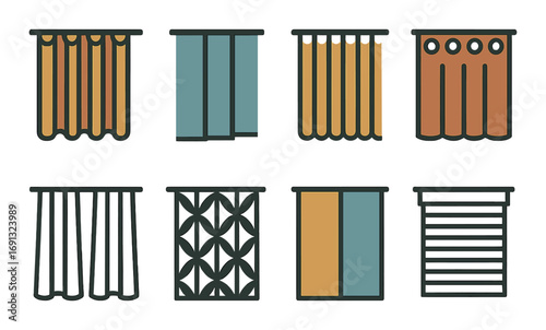 Home decor silhouette icon set. featuring curtains, drapes, blinds, panels, shades, and valance designs.
