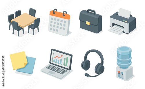 Office tools isometric icon set. featuring desk, calendar, briefcase, printer, documents, laptop, headphones, water cooler.