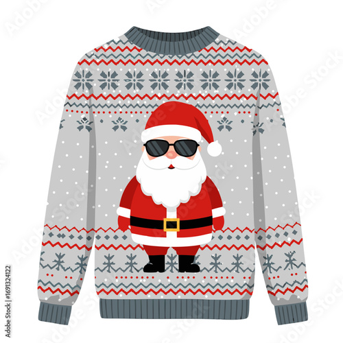 Ugly sweater Christmas vector collection, Santa Claus with sunglasses, transparent background, isolated, vector  
