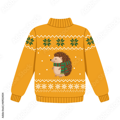 Cute hedgehog in scarf on yellow ugly Christmas sweater design, transparent background, isolated, vector  