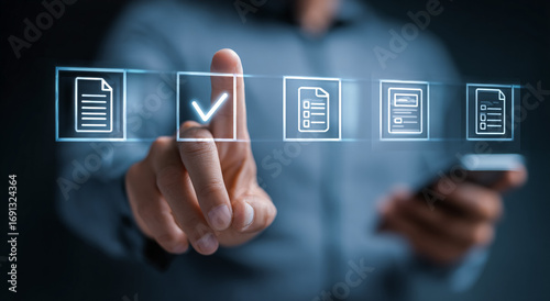 Blue light futuristic screen is touched to select options, perfect for UI/UX design, technology branding, and digital product imagery.