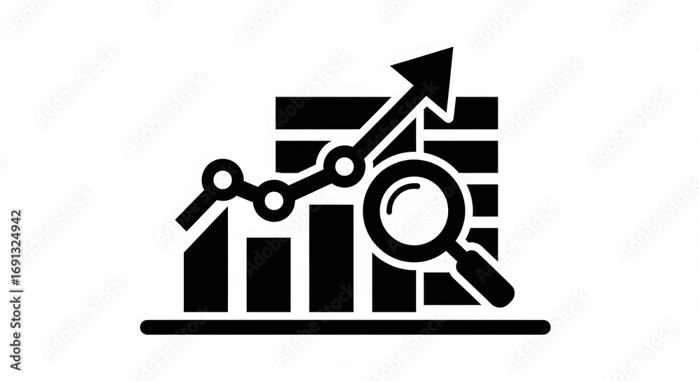 Obraz premium Icon Representing Financial Growth Market Analysis and Business Research with Bar Graph Upward Arrow and Magnifying Glass on Isolated transparent background