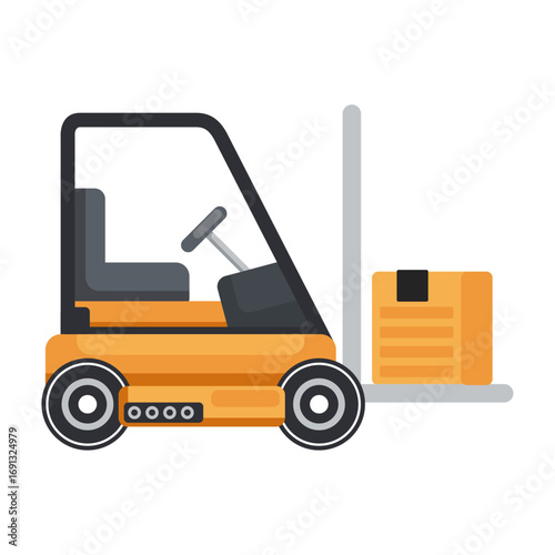 Warehouse forklift loader carrying a cardboard box for shipping and logistics concept