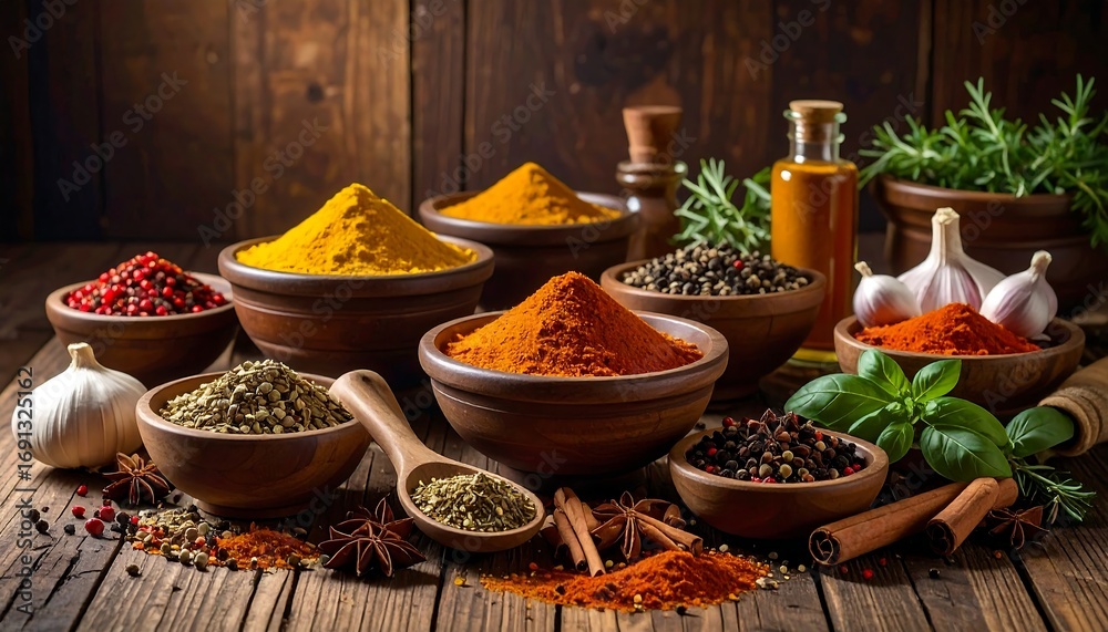 Fototapeta premium Close-up of various colorful spices in wooden bowls, displayed on a weathered wooden surface. Includes herbs, garlic, oil, and aromatic ingredients. A warm, inviting composition