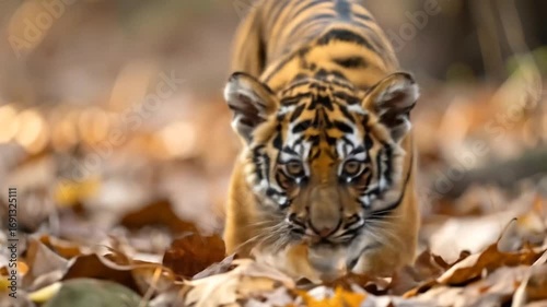 Tiger Cub Walking Through Autumn Leaves