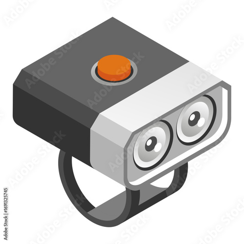 Isometric illustration of a bicycle headlight with a round orange button