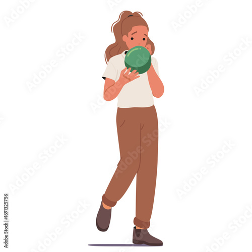Attractive teenage girl child cartoon character blowing festive holiday balloon isolated on white