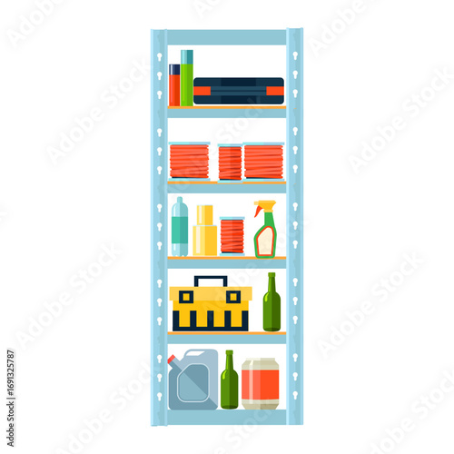 Organized metal storage rack with household items and equipment