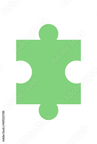 Flat silhouette of a green jigsaw puzzle piece. Isolated puzzle element as part of a boardgame on table. Ideal for childhood hobby activities, playful concepts, and fun entertainment visuals.