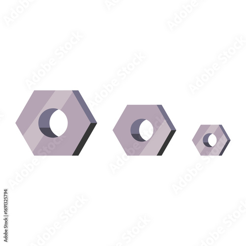 Set of three hexagonal metal nuts in various sizes for industrial hardware