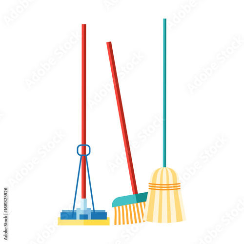 A colorful collection of brooms and a sponge mop for household cleaning chores