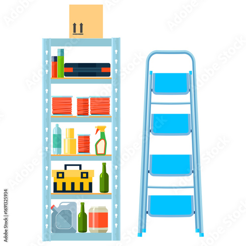 Set Optimized Storage Solution with Metal Shelving Unit Holding Supplies and a Stepladder