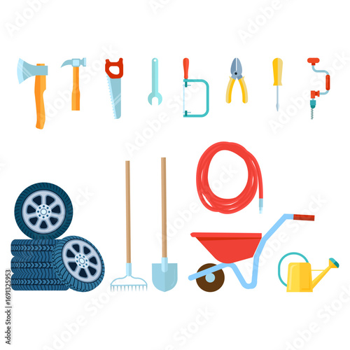 Set collection of various tools for home improvement and gardening tasks