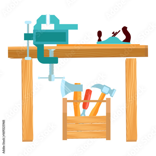 Set essential woodworking tools neatly arranged on a sturdy workbench, prepared for carpentry and construction