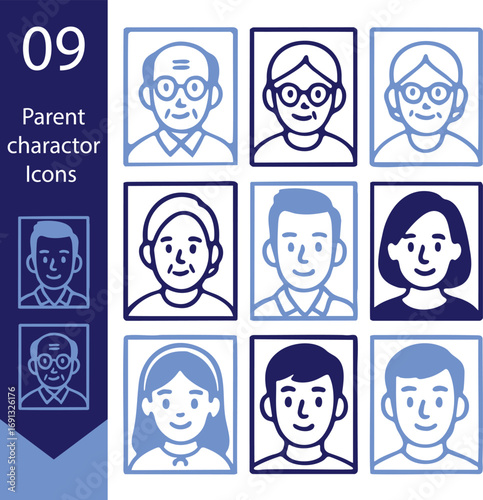 Collection of parent character icons in blue and white showing various family members in square frames